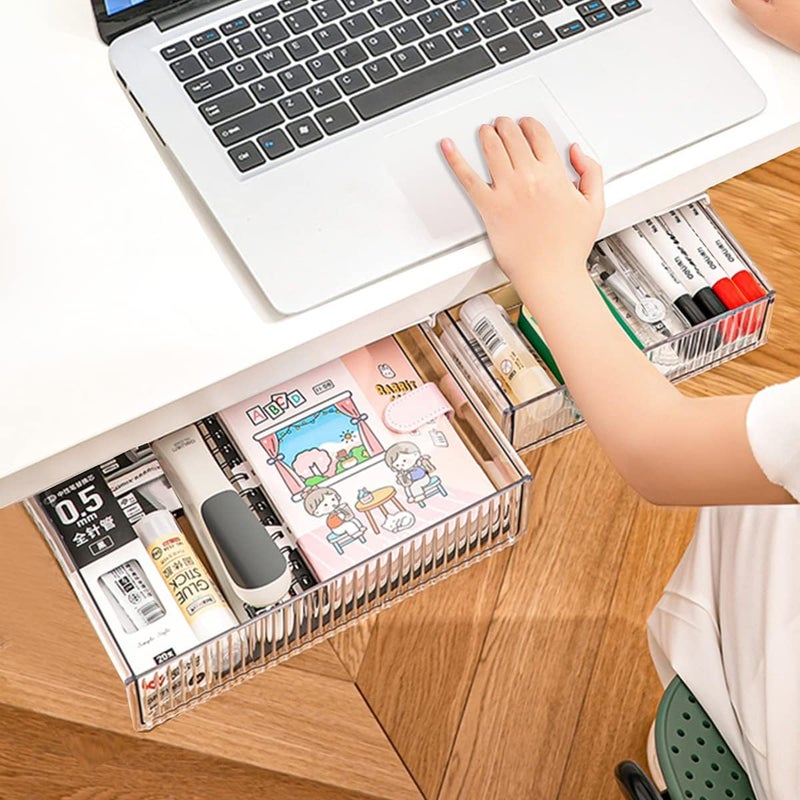 TooCust 2Pcs Under Desk Storage Drawers Slide Out,Large&Medium,Stick On Drawers,Under Desk Organizer Hidden Under Table Drawer for Home Office School Organization and Storage-Clear White - Image 1